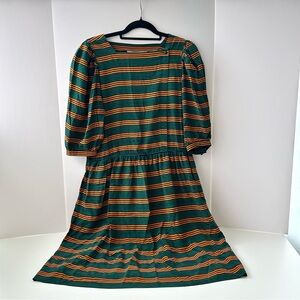 Vintage Liz Claiborne 100% Silk Striped Green and Orange Puff-Sleeve Midi Dress